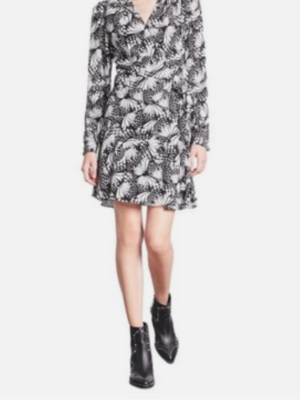 The Kooples Black & White Butterfly-Print Long Sleeve Wrap Dress